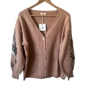 NKN Nekane Rose Pink Sequin Embroidered Relaxed Fit Cardigan Med/Large Boho NWT